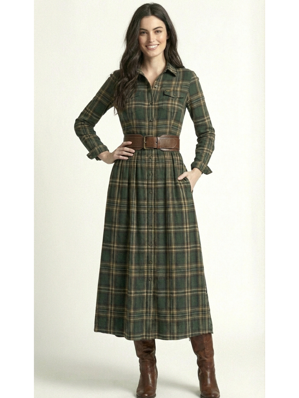 BEATRIZ™ | Vestido largo de cuadros con cinturón