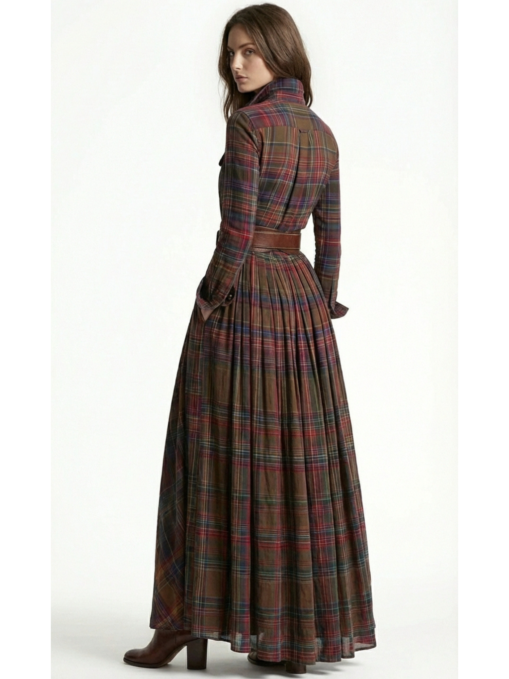 BEATRIZ™ | Vestido largo de cuadros con cinturón