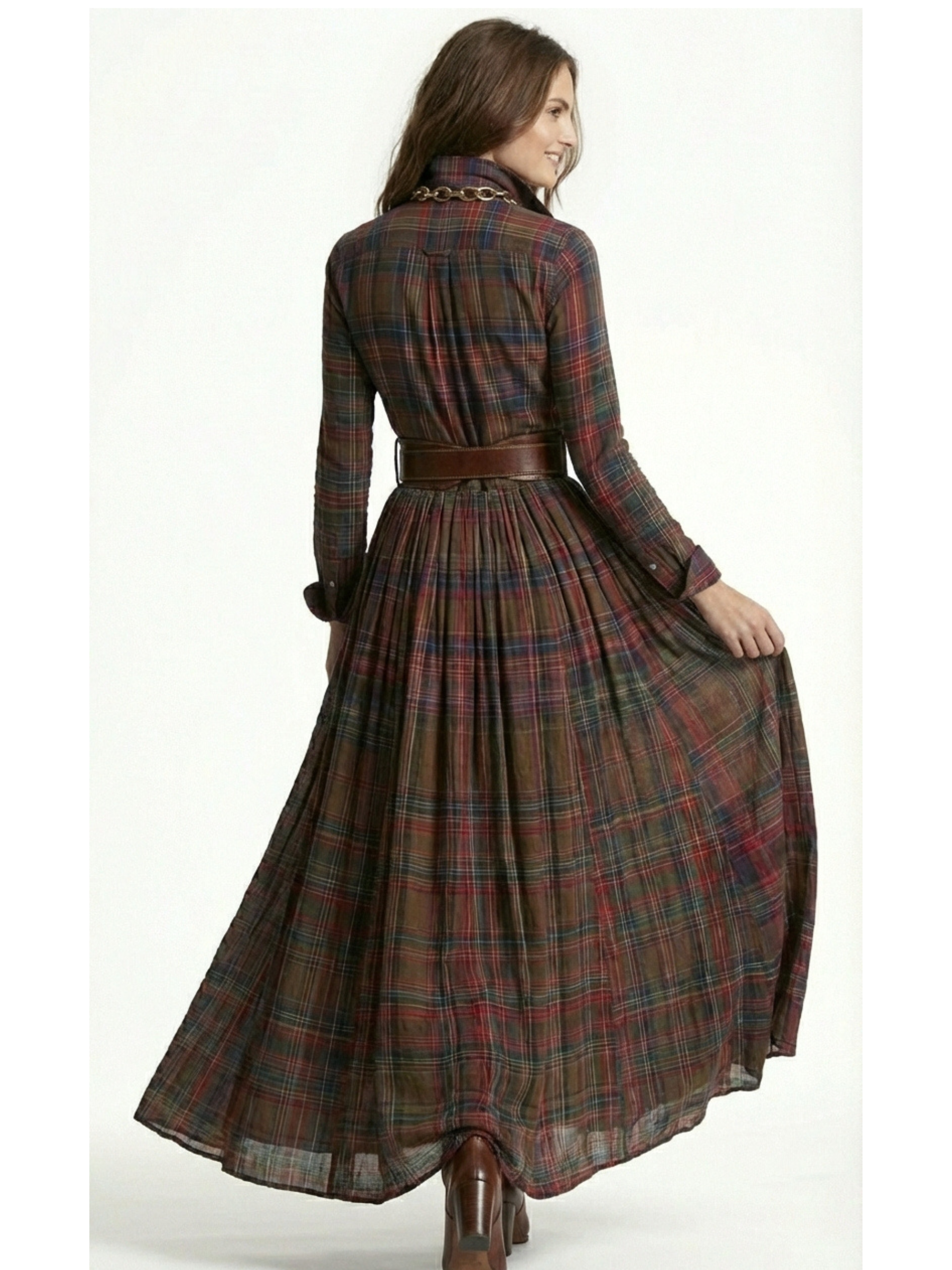 BEATRIZ™ | Vestido largo de cuadros con cinturón