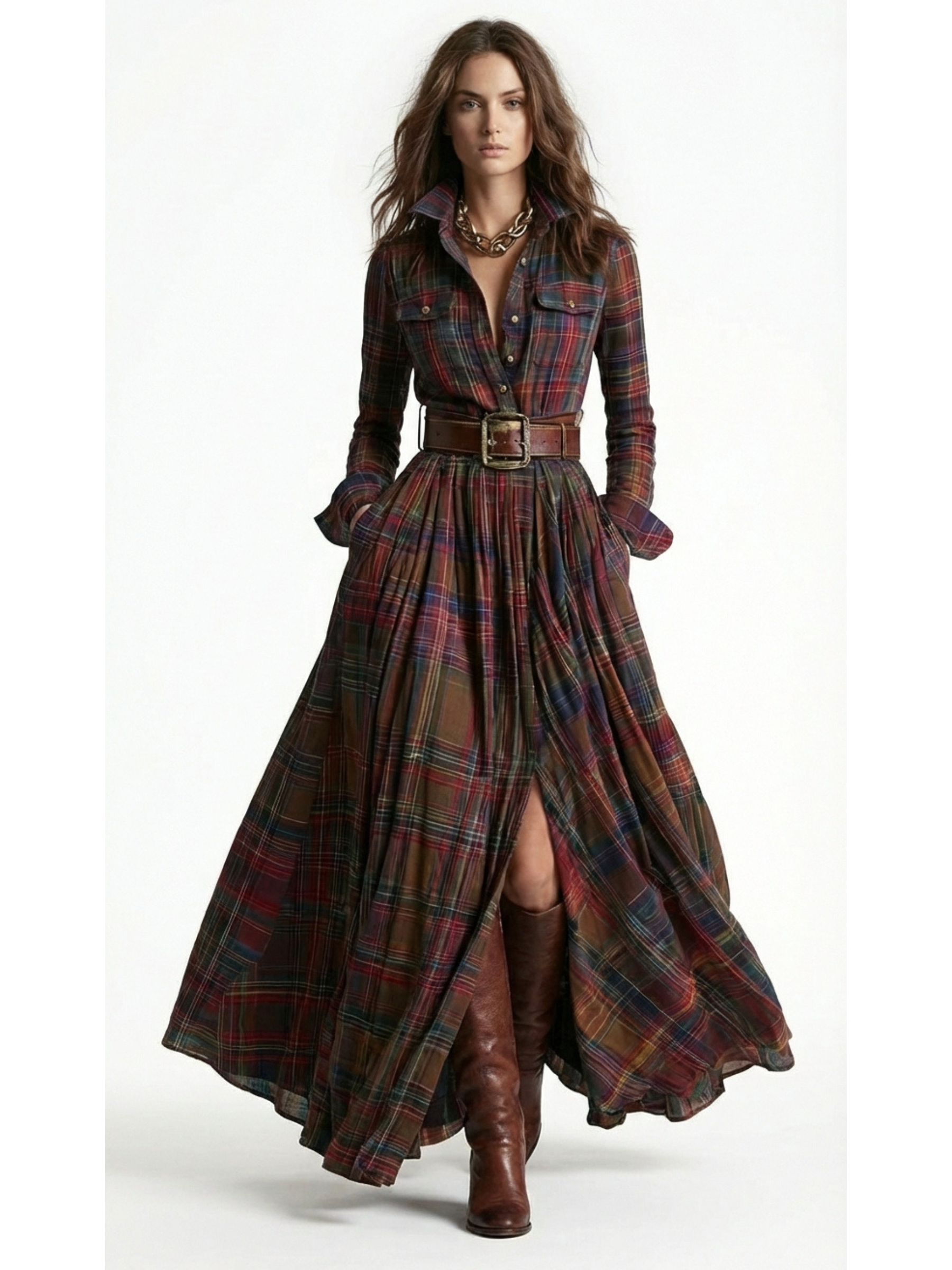 BEATRIZ™ | Vestido largo de cuadros con cinturón