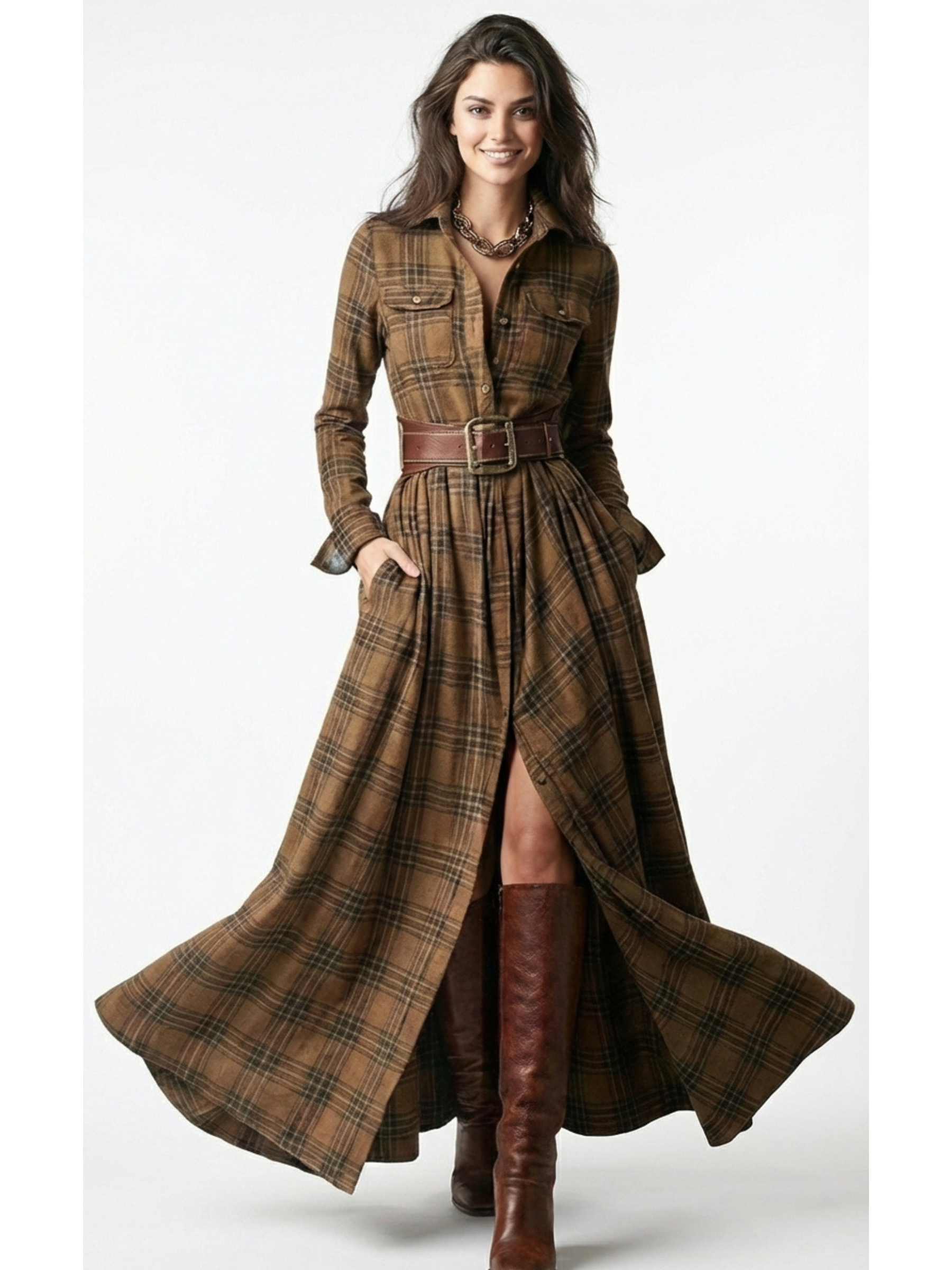 BEATRIZ™ | Vestido largo de cuadros con cinturón