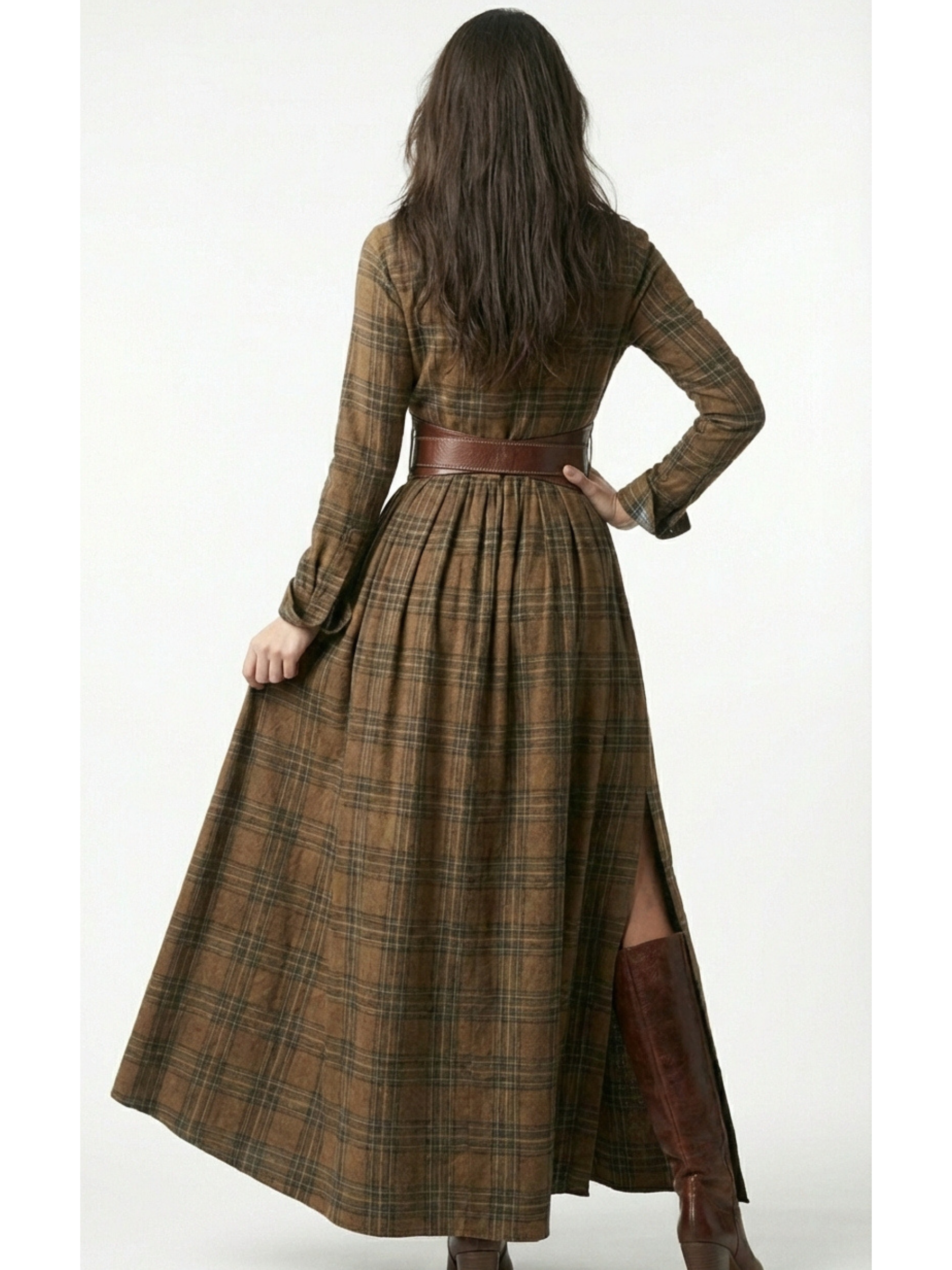 BEATRIZ™ | Vestido largo de cuadros con cinturón