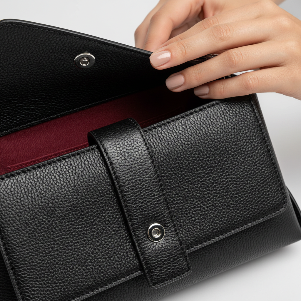 Detalle close-up piel auténtica cierre magnético costuras impecables bolso Castello